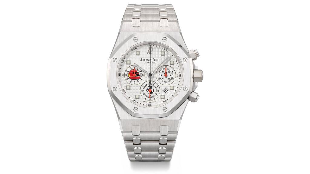 Schumacher’s Royal Oak features a bespoke dial with Ferrari’s famous prancing horse emblem, six stars representing each World Championship the driver has won, and Schumacher’s red racing helmet. Michael Schumacher Royal Oak